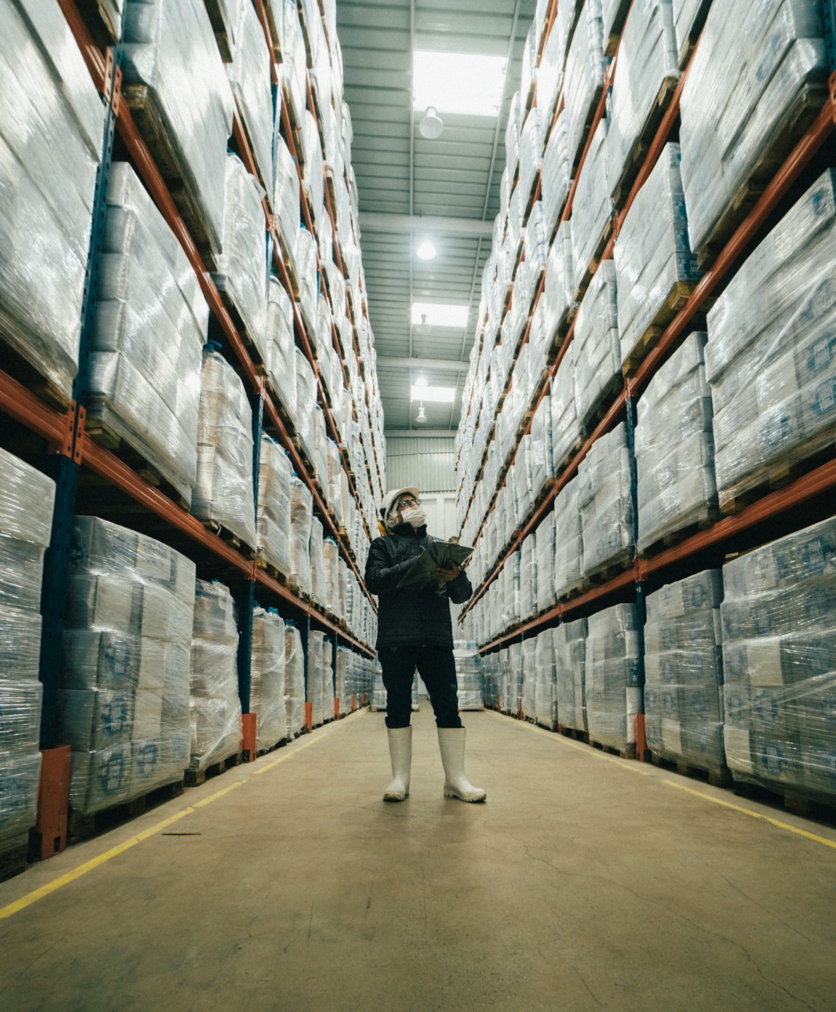 Trabajador de almacén inspecciona inventario en paletas entre altos pasillos de paletas.